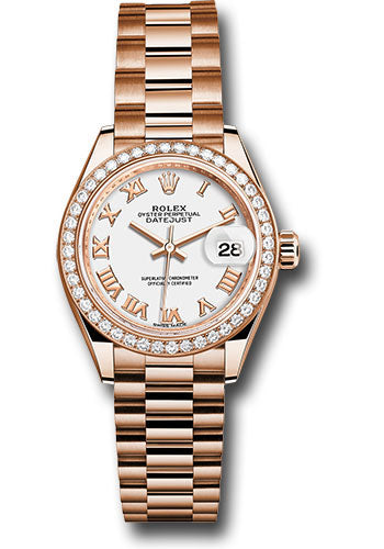 Rolex Everose Gold Lady-Datejust 28 Watch - 44 Diamond Bezel - White Roman Dial - President Bracelet - 279135RBR wrp