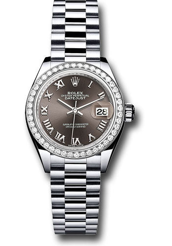 Rolex Platinum Lady-Datejust 28 Watch - 44 Diamond Bezel - Dark Grey Roman Dial - President Bracelet - 279136RBR dkgrp
