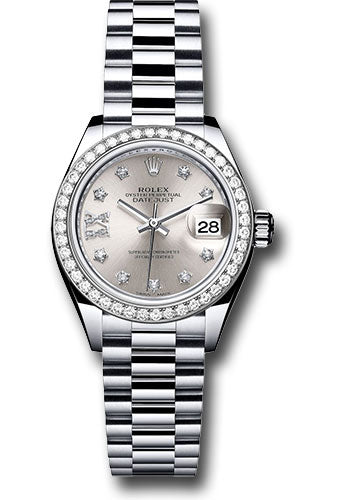 Rolex Platinum Lady-Datejust 28 Watch - 44 Diamond Bezel - Silver Diamond Star Dial - President Bracelet - 279136RBR s9dix8dp