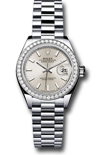 Rolex Platinum Lady-Datejust 28 Watch - 44 Diamond Bezel - Silver Index Dial - President Bracelet - 279136RBR sip
