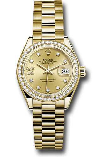 Rolex Yellow Gold Lady-Datejust 28 Watch - 44 Diamond Bezel - Champagne Diamond Star Dial - President Bracelet - 279138RBR ch9dix8dp