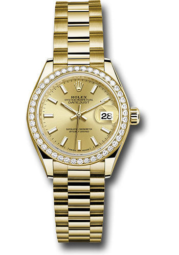 Rolex Yellow Gold Lady-Datejust 28 Watch - 44 Diamond Bezel - Champagne Index Dial - President Bracelet - 279138RBR chip