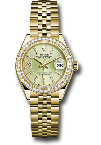 Rolex Yellow Gold Lady-Datejust 28 Watch - 44 Diamond Bezel - Linden Green Strip Diamond Index Dial - Jubilee Bracelet - 279138RBR lings36dix8dj