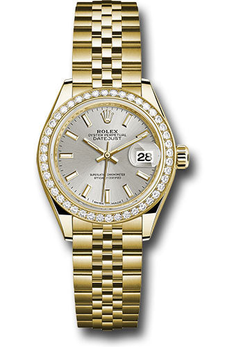 Rolex Yellow Gold Lady-Datejust 28 Watch - 44 Diamond Bezel - Silver Index Dial - Jubilee Bracelet - 279138RBR sij