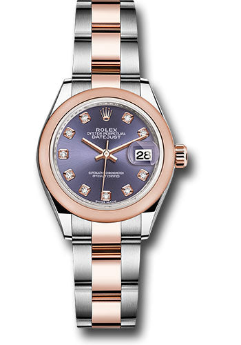 Rolex Steel and Everose Gold Rolesor Lady-Datejust 28 Watch - Domed Bezel - Aubergine Diamond Dial - Oyster Bracelet - 279161 audo