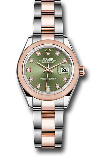 Rolex Steel and Everose Gold Rolesor Lady-Datejust 28 Watch - Domed Bezel - Olive Green Diamond Dial - Oyster Bracelet - 279161 ogdo
