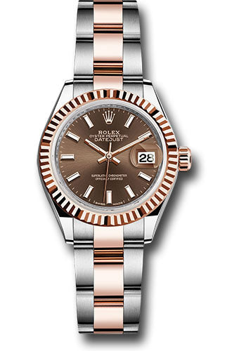 Rolex Steel and Everose Gold Rolesor Lady-Datejust 28 Watch - Fluted Bezel - Chocolate Index Dial - Oyster Bracelet - 279171 choio