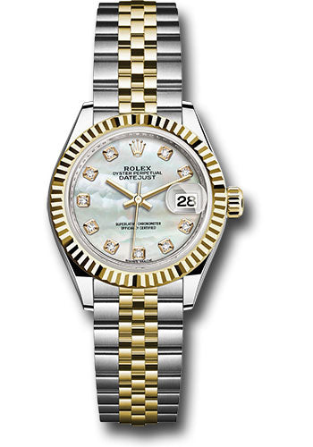 Rolex Steel and Yellow Gold Rolesor Lady-Datejust 28 Watch - Fluted Bezel - White Mother-Of-Pearl Diamond Dial - Jubilee Bracelet - 279173 mdj