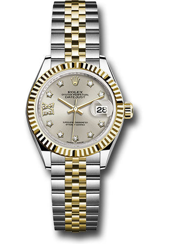 Rolex Steel and Yellow Gold Rolesor Lady-Datejust 28 Watch - Fluted Bezel - Silver Diamond Star Dial - Jubilee Bracelet - 279173 s9dix8dj