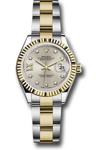 Rolex Steel and Yellow Gold Rolesor Lady-Datejust 28 Watch - Fluted Bezel - Silver Diamond Star Dial - Oyster Bracelet - 279173 s9dix8do