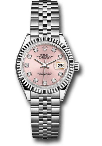 Rolex Steel and White Gold Rolesor Lady-Datejust 28 Watch - Fluted Bezel - Pink Diamond Dial - Jubilee Bracelet - 279174 pdj