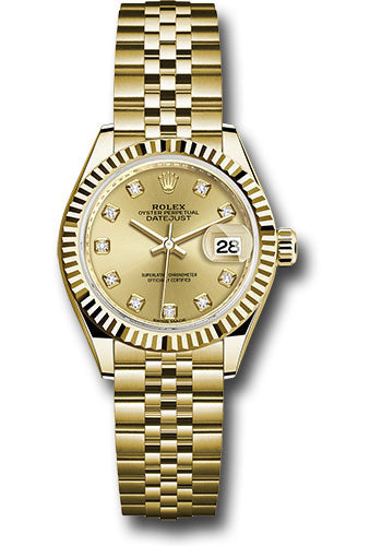 Rolex Yellow Gold Lady-Datejust 28 Watch - Fluted Bezel - Champagne Diamond Dial - Jubilee Bracelet - 279178 chdj