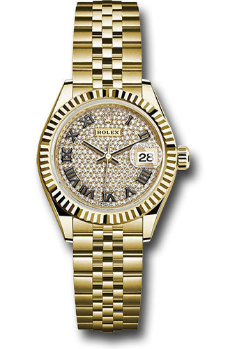 Rolex Yellow Gold Lady-Datejust 28 Watch - Fluted Bezel - Diamond Paved Roman Dial - Jubilee Bracelet - 279178 dprj