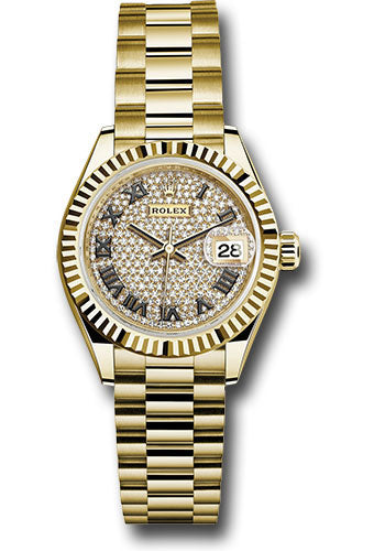 Rolex Yellow Gold Lady-Datejust 28 Watch - Fluted Bezel - Diamond Paved Roman Dial - President Bracelet - 279178 dprp