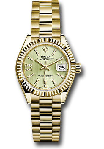 Rolex Yellow Gold Lady-Datejust 28 Watch - Fluted Bezel - Linden Green Strip Diamond Index Dial - President Bracelet - 279178 lings36dix8dp