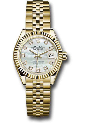 Rolex Yellow Gold Lady-Datejust 28 Watch - Fluted Bezel - Mother-of-Pearl Diamond Dial - Jubilee Bracelet - 279178 mdj