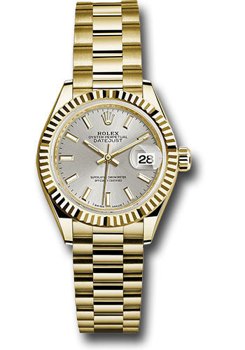 Rolex Yellow Gold Lady-Datejust 28 Watch - Fluted Bezel - Silver Index Dial - President Bracelet - 279178 sip