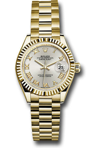 Rolex Yellow Gold Lady-Datejust 28 Watch - Fluted Bezel - Silver Roman Dial - President Bracelet - 279178 srp