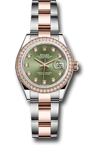 Rolex Steel and Everose Gold Rolesor Lady-Datejust 28 Watch - Diamond Bezel - Olive Green Diamond Dial - Oyster Bracelet - 279381RBR ogdo