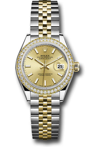 Rolex Steel and Yellow Gold Rolesor Lady-Datejust 28 Watch - Diamond Bezel - Champagne Index Dial - Jubilee Bracelet - 279383RBR chij