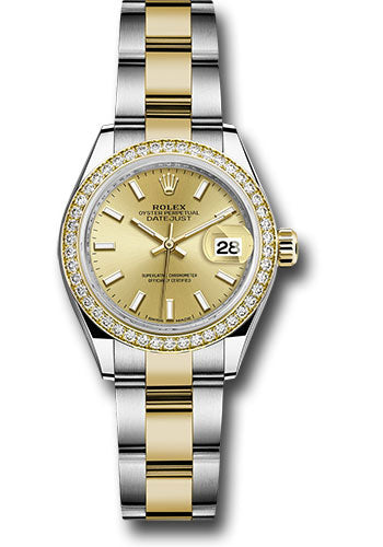 Rolex Steel and Yellow Gold Rolesor Lady-Datejust 28 Watch - Diamond Bezel - Champagne Index Dial - Oyster Bracelet - 279383RBR chio