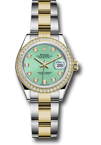 Rolex Steel and Yellow Gold Rolesor Lady-Datejust 28 Watch - Diamond Bezel - Mint Green Diamond Dial - Oyster Bracelet - 279383RBR mgdo