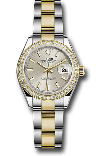 Rolex Steel and Yellow Gold Rolesor Lady-Datejust 28 Watch - Diamond Bezel - Silver Index Dial - Oyster Bracelet - 279383RBR sio