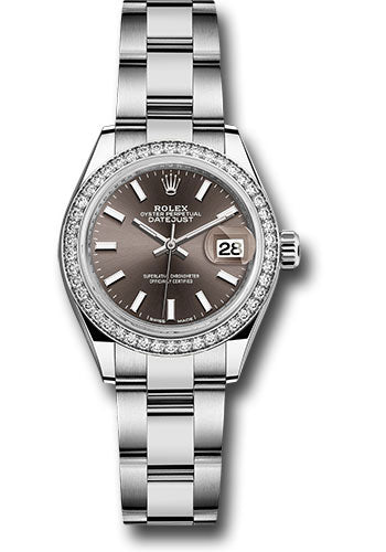 Rolex Steel and White Gold Rolesor Lady-Datejust 28 Watch - 44 Diamond Bezel - Dark Grey Index Dial - Oyster Bracelet - 279384RBR dgio