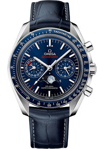 Omega Speedmaster Moonphase Master Chronometer Chronograph Watch - 44.25 mm Steel Case - Blue Liquid Metal Bezel - Blue Dial - Blue Leather Strap - 304.33.44.52.03.001