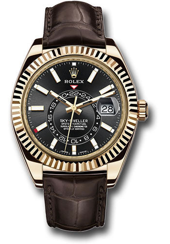 Rolex Yellow Gold Sky-Dweller Watch - Black Index Dial - Brown Leather Strap - 326138 bk