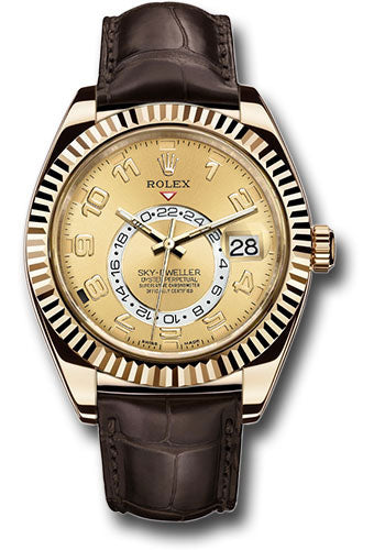 Rolex Yellow Gold Sky-Dweller Watch - Champagne Arabic Dial - Brown Leather Strap - 326138 ch
