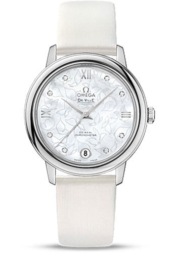 Omega De Ville Prestige Co-Axial Watch - 32.7 mm Steel Case - Mother-Of-Pearl Diamond Dial - White Satin-Brushed Leather Strap - 424.12.33.20.55.001