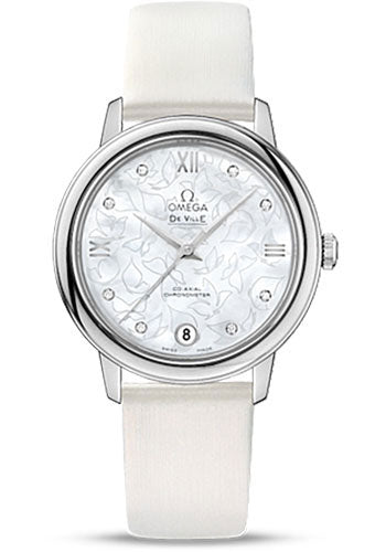 Omega De Ville Prestige Co-Axial Watch - 32.7 mm Steel Case - Mother-Of-Pearl Diamond Dial - White Satin-Brushed Leather Strap - 424.12.33.20.55.001
