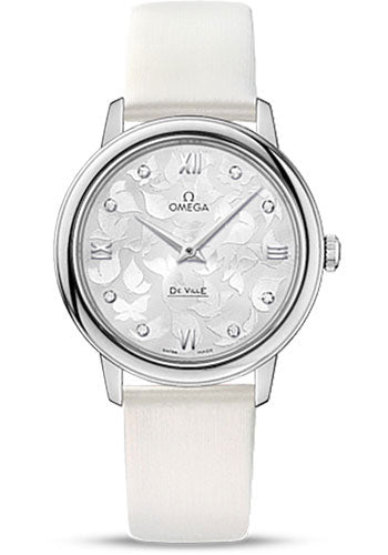 Omega De Ville Prestige Quartz Watch - 32.7 mm Steel Case - Silver Dial - White Satin-Brushed Leather Strap - 424.12.33.60.52.001