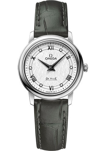 Omega De Ville Prestige Quartz Watch - 27.4 mm Steel Case - White Silvery Dial - Hunter Green Leather Strap - 424.13.27.60.52.002
