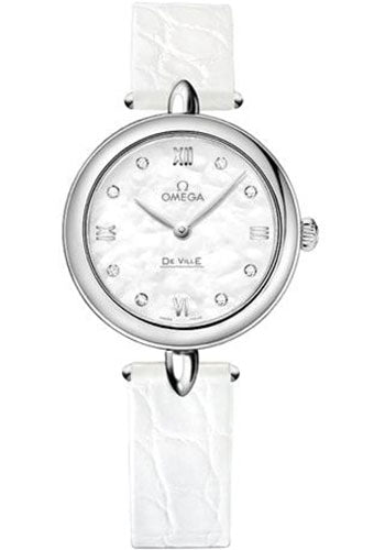 Omega De Ville Prestige Quartz Dewdrop Watch - 27.4 mm Steel Case - Mother-Of-Pearl Dial - Leather Strap - 424.13.27.60.55.001