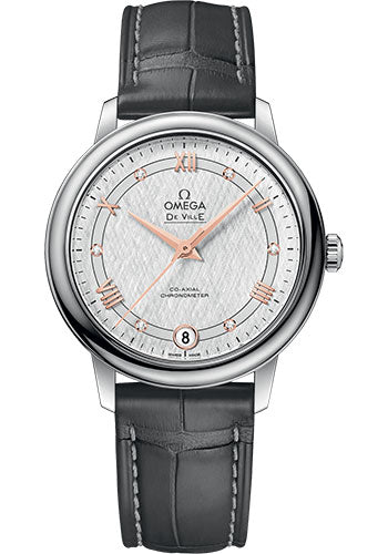 Omega De Ville Prestige Co-Axial Watch - 32.7 mm Steel Case - White Silvery Dial - Grey Leather Strap - 424.13.33.20.52.001