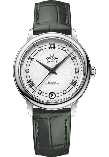 Omega De Ville Prestige Co-Axial Watch - 32.7 mm Steel Case - White Silvery Dial - Hunter Green Leather Strap - 424.13.33.20.52.002