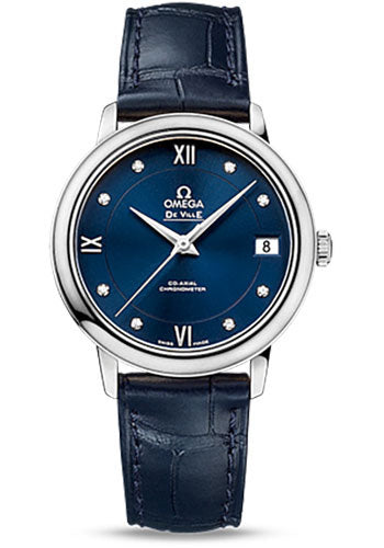 Omega De Ville Prestige Co-Axial Watch - 32.7 mm Steel Case - Blue Diamond Dial - Blue Leather Strap - 424.13.33.20.53.001
