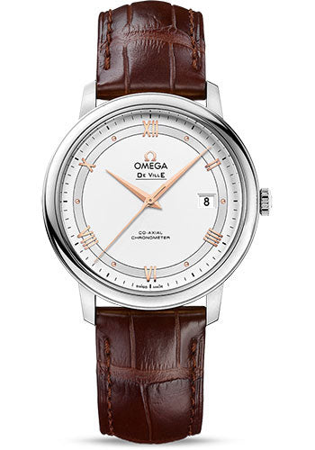 Omega De Ville Prestige Co-Axial Watch - 39.5 mm Steel Case - Silver Dial - Brown Leather Strap - 424.13.40.20.02.002