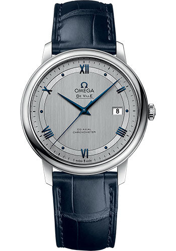 Omega De Ville Prestige Co-Axial Watch - 39.5 mm Steel Case - Rhodium-Silvery Dial - Blue Leather Strap - 424.13.40.20.02.003