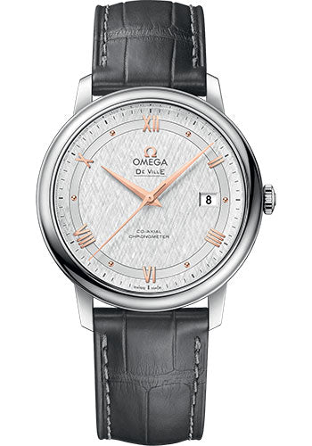 Omega De Ville Prestige Co-Axial Watch - 39.5 mm Steel Case - White Silvery Dial - Grey Leather Strap - 424.13.40.20.02.005