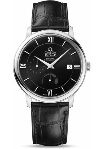 Omega De Ville Prestige Power Reserver Co-Axial Watch - 39.5 mm Steel Case - Black Dial - Black Leather Strap - 424.13.40.21.01.001