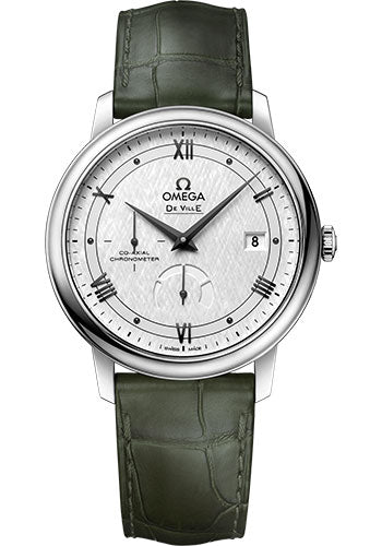 Omega De Ville Prestige Co-Axial Power Reserve Watch - 39.5 mm Steel Case - White Silvery Dial - Hunter Green Leather Strap - 424.13.40.21.02.004