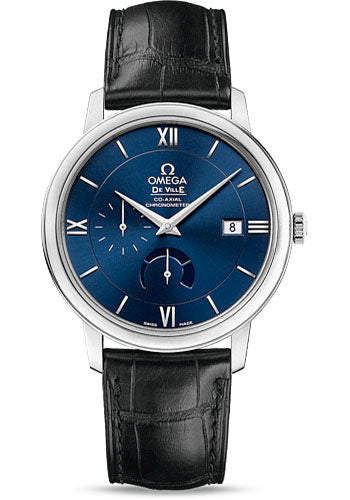 Omega De Ville Prestige Co-Axial Power Reserve Watch - 39.5 mm Steel Case - Blue Dial - Black Leather Strap - 424.13.40.21.03.001