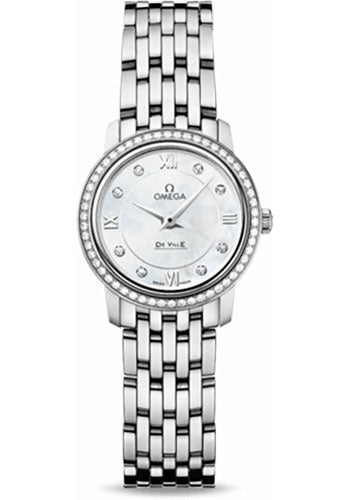 Omega De Ville Prestige Quartz Watch - 24.4 mm Steel Case - Diamond Bezel - Mother-Of-Pearl Diamond Dial - 424.15.24.60.55.001
