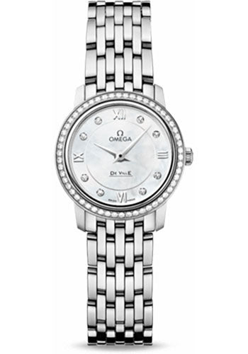 Omega De Ville Prestige Quartz Watch - 24.4 mm Steel Case - Diamond Bezel - MOP Diamond Dial - 424.15.24.60.55.001