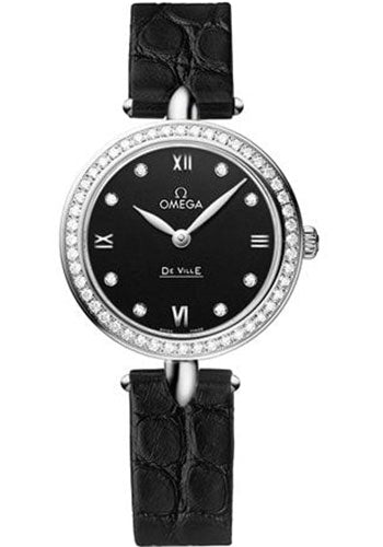 Omega De Ville Prestige Quartz Dewdrop Watch - 27.4 mm Steel Case - Black Dial - Leather Strap - 424.18.27.60.51.001