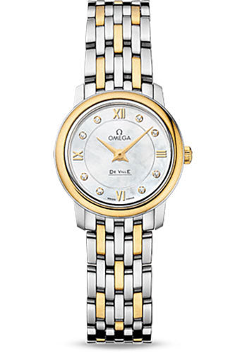 Omega De Ville Prestige Quartz Watch - 24.4 mm Steel Case - Yellow Gold Bezel - Mother-Of-Pearl Diamond Dial - Yellow Gold Bracelet - 424.20.24.60.55.001