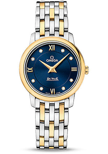 Omega De Ville Prestige Quartz Watch - 27.4 mm Steel Case - 18K Yellow Gold Bezel - Blue Diamond Dial - Yellow Gold-Steel Bracelet - 424.20.27.60.53.002